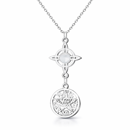 Colgante Triple Protección: Nudo de Bruja, Tetragrámaton y Cuarzo Blanco en Acero Inoxidable