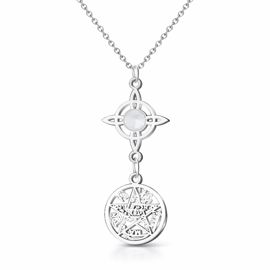 Colgante Triple Protección: Nudo de Bruja, Tetragrámaton y Cuarzo Blanco en Acero Inoxidable