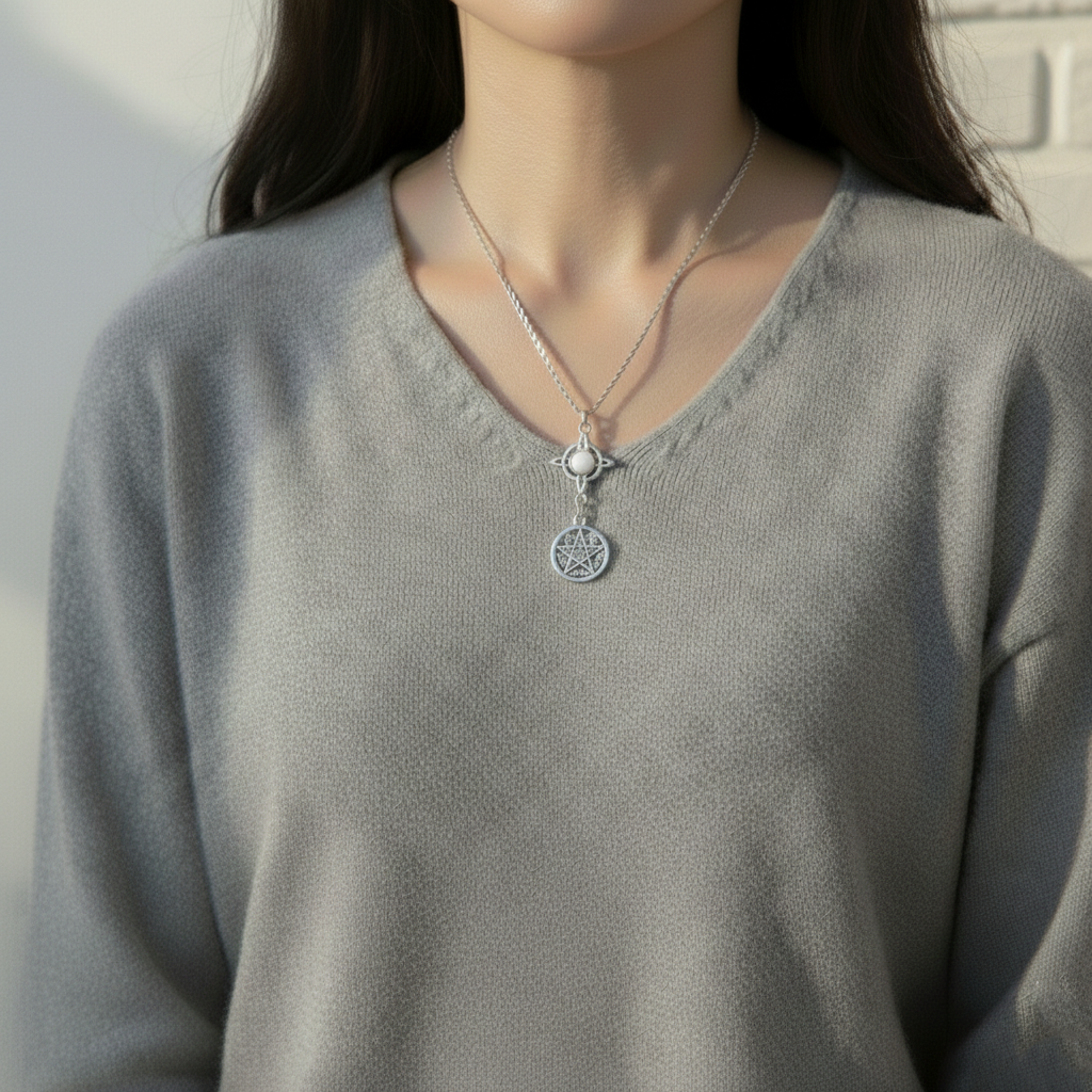 Colgante Triple Protección: Nudo de Bruja, Tetragrámaton y Cuarzo Blanco en Acero Inoxidable