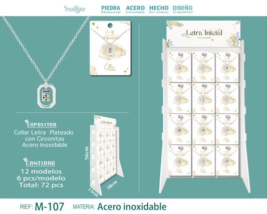 Collar Octogonal con Letra Plateado de Circonitas