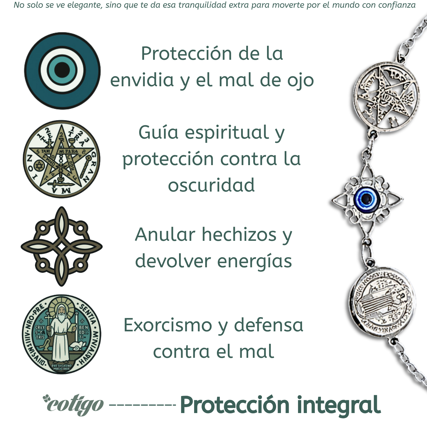 Pulsera Cuádruple Protecciones: Nudo de Bruja, San Benito, Tetragrámaton y Ojo Turco en Acero Inoxidable cotigo