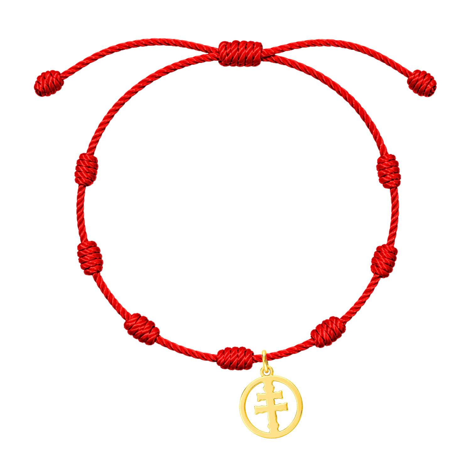 Pulsera Roja 7 Nudos con Medalla Cruz de Caravaca en Acero Dorado