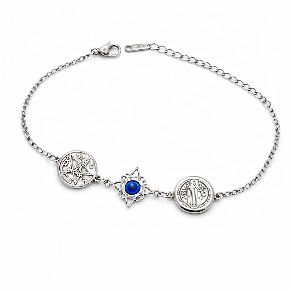 Pulsera Cuádruple Protecciones: Nudo de Bruja, San Benito, Tetragrámaton y Ojo Turco en Acero Inoxidable cotigo