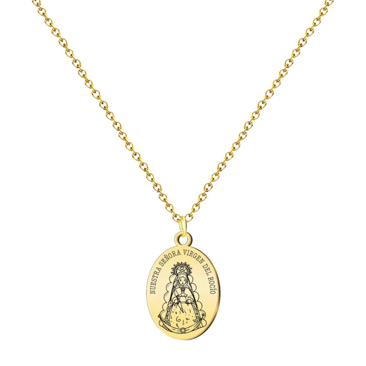 Collar con medalla ovalada de la Virgen del Rocío en acero dorado, grabado Nuestra Señora Virgen del Rocío