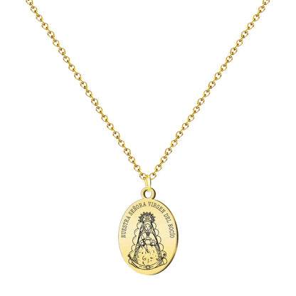 Collar con medalla ovalada de la Virgen del Rocío en acero dorado, grabado Nuestra Señora Virgen del Rocío