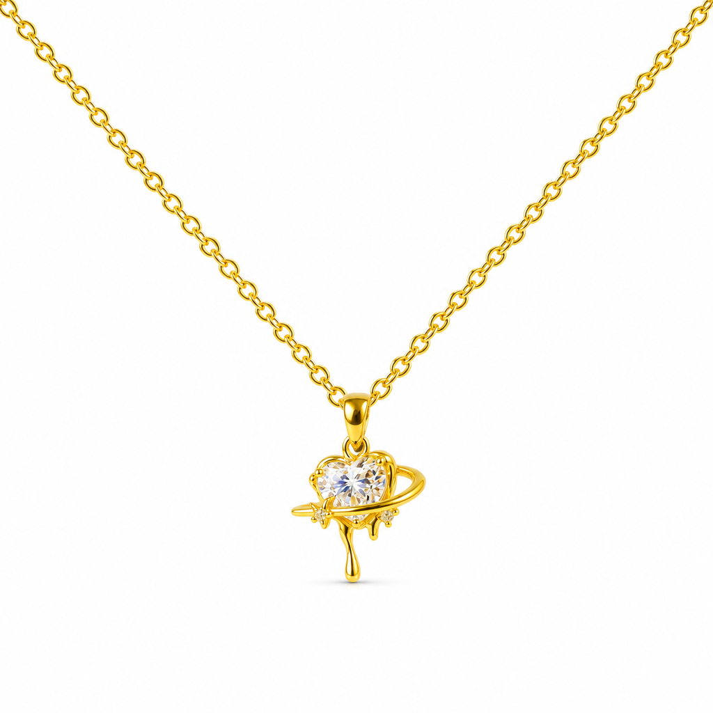 Colgante Planeta y Corazón Bañado en Oro 14K con Circonitas