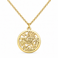 Collar de acero inoxidable de color dorado con cadena de eslabones pequeños y medalla circular calada del motivo Tetragrámaton sobre fondo blanco