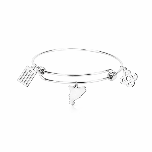 Brazalete con Mapa de Cataluña y Flor Catalana en Acero Plateado