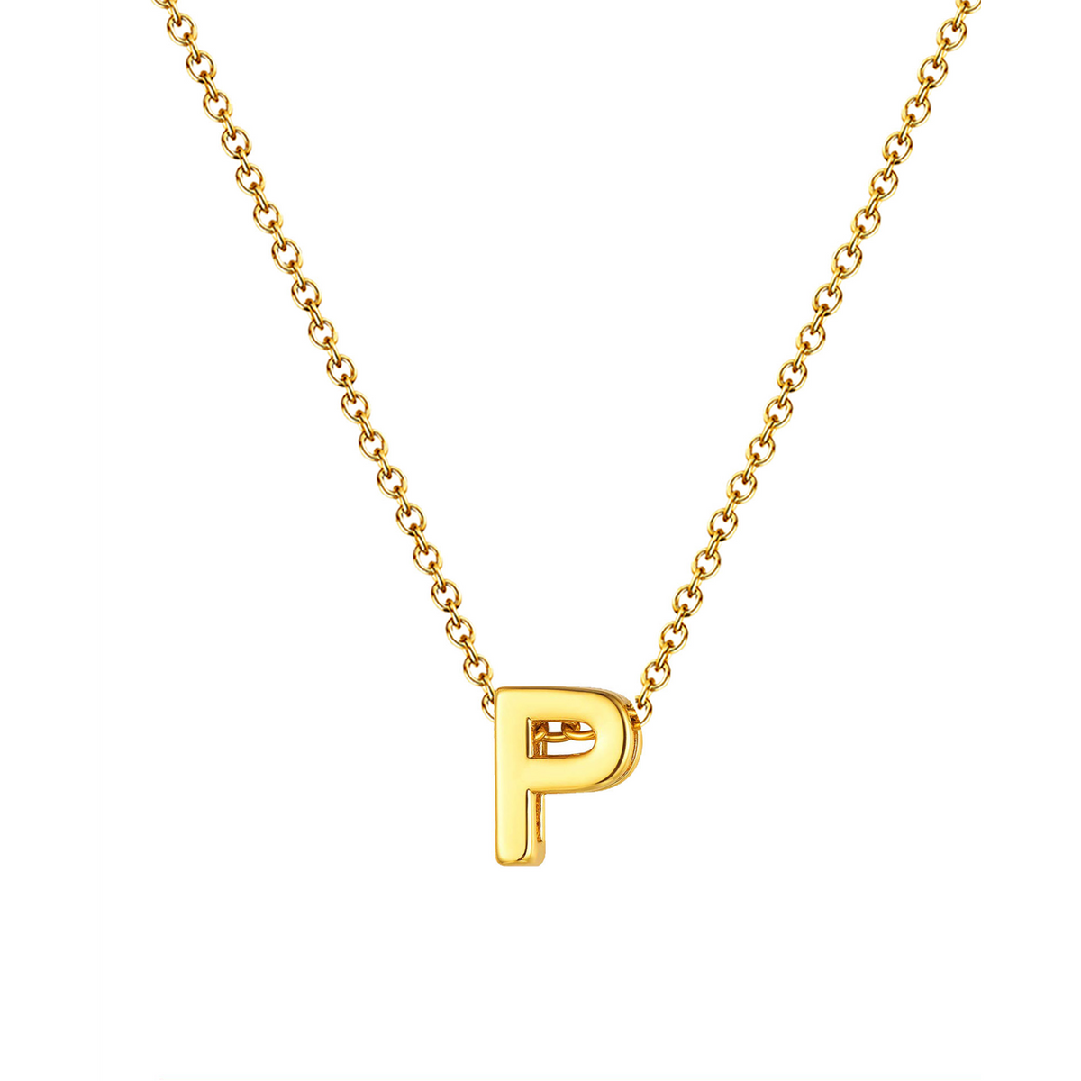 Collar letra dorado 14572 de acero inoxidable sobre fondo blanco