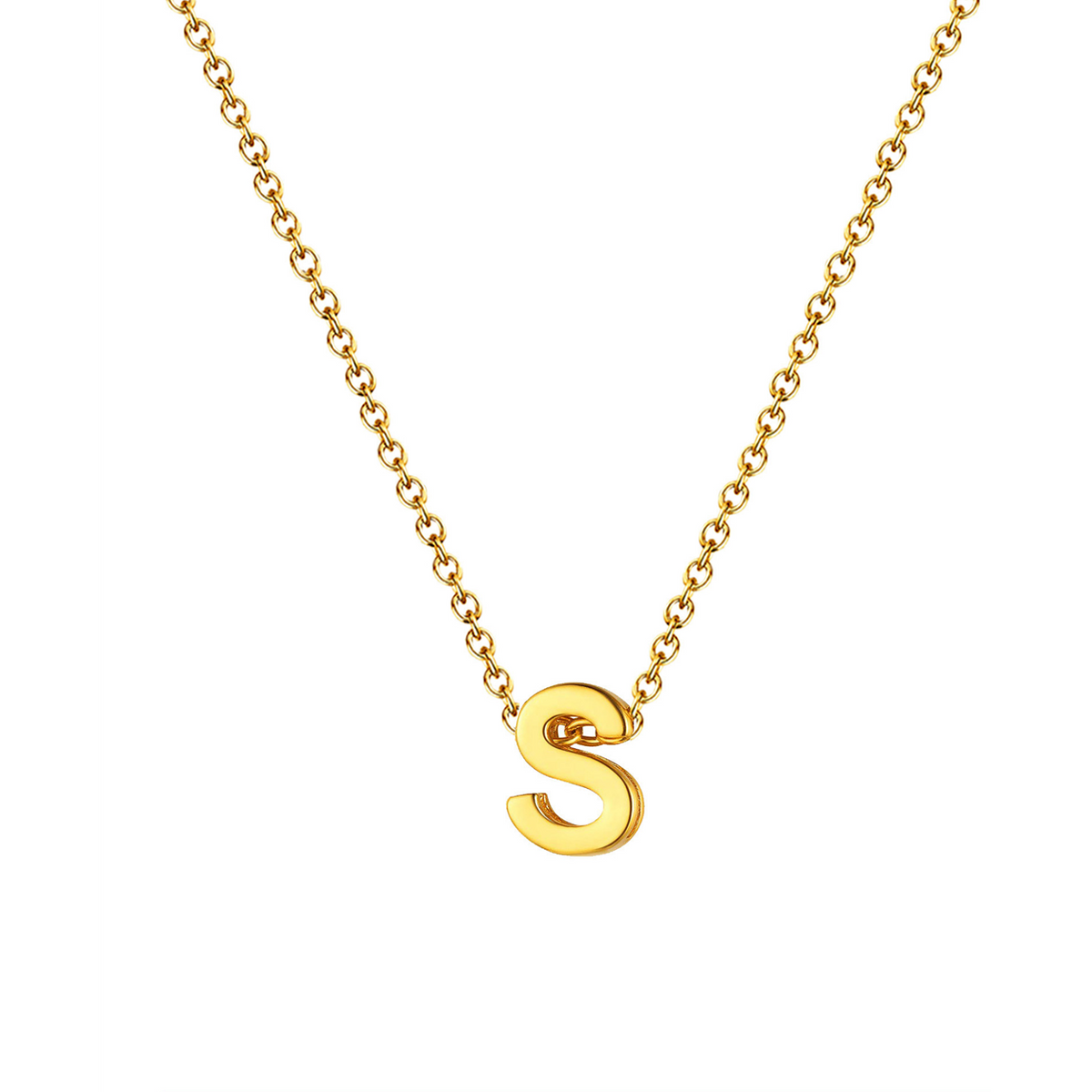 Collar letra dorado 14578 de acero inoxidable sobre fondo blanco