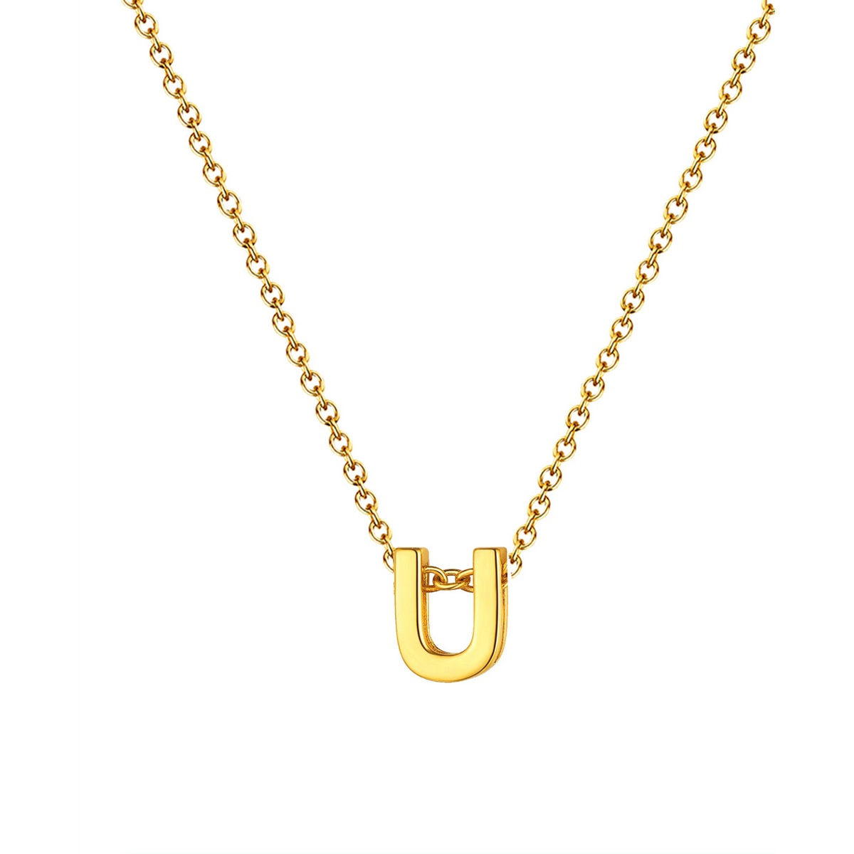 Collar letra dorado 14582 de acero inoxidable sobre fondo blanco