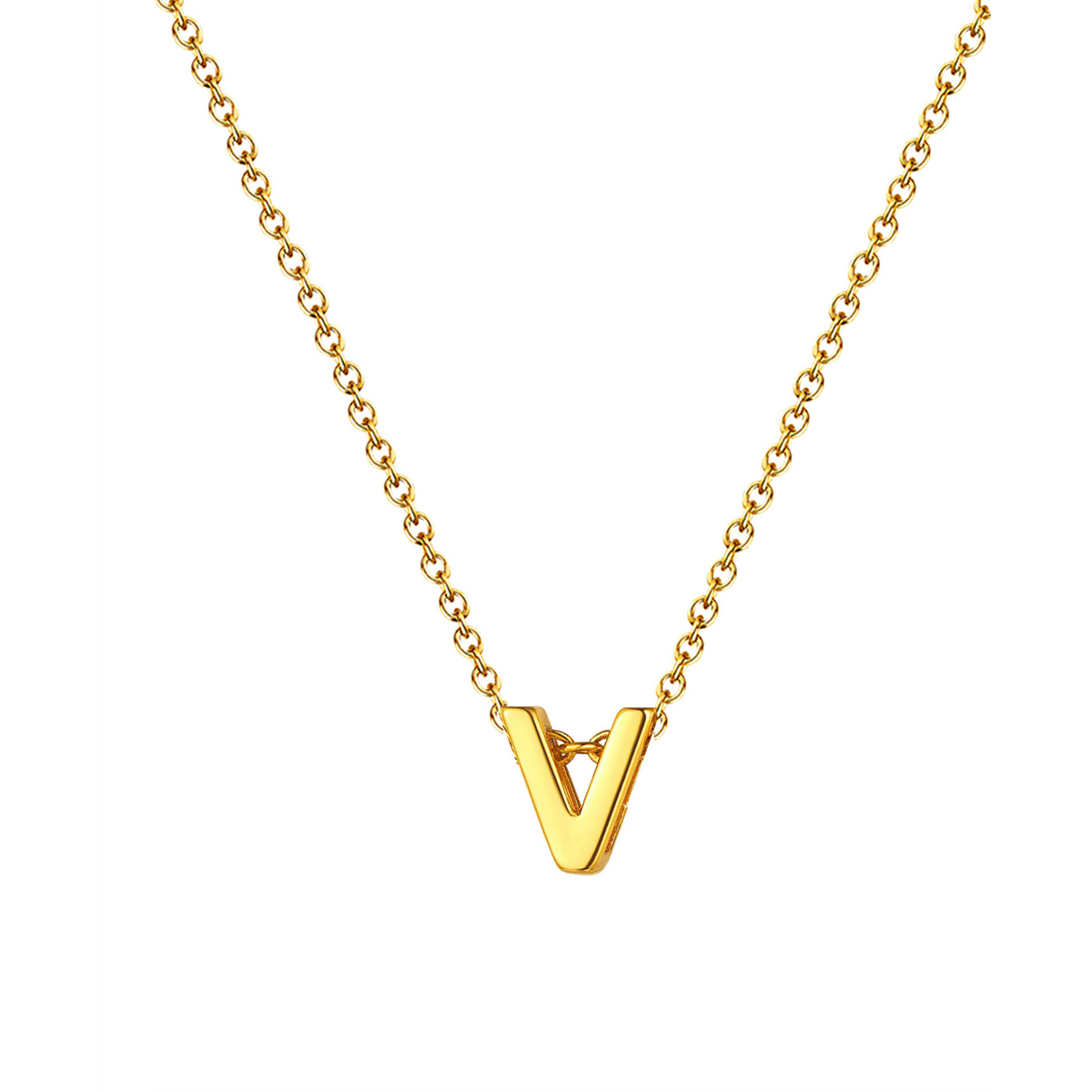 Collar letra dorado 14584 de acero inoxidable sobre fondo blanco