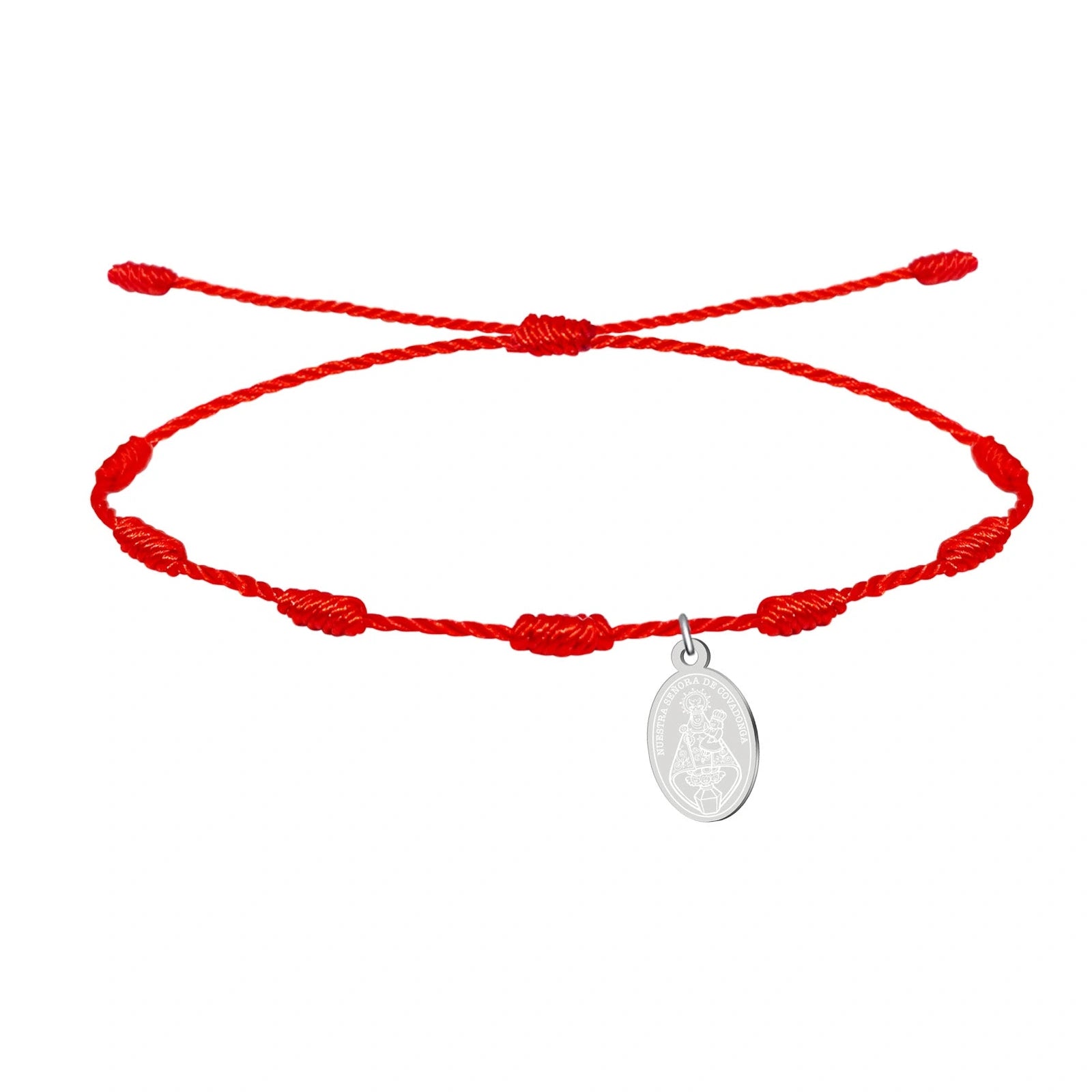Pulsera de 7 Nudos con Virgen de Covadonga en Acero Inoxidable sobre fondo blanco