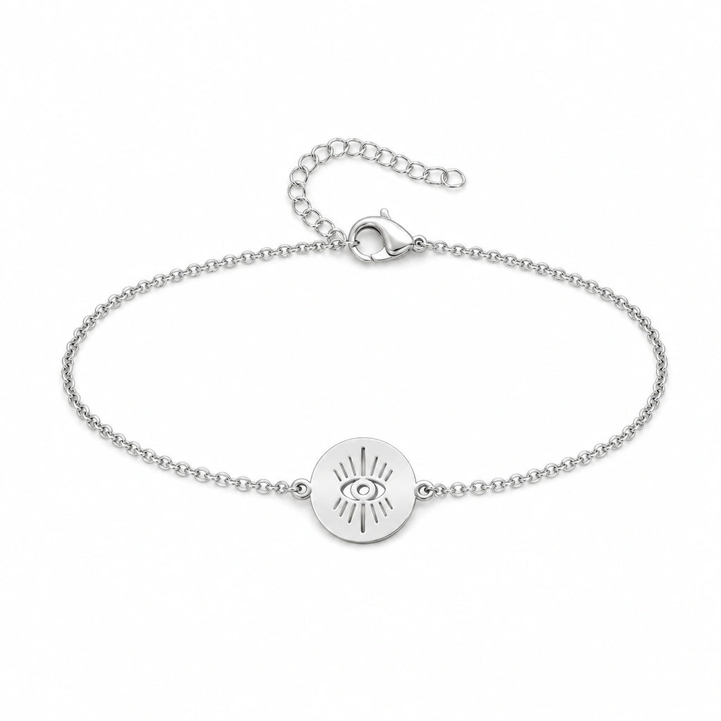 Pulsera con Ojo Turco en Medallón de Acero Inoxidable - Plateado sobre fondo blanco