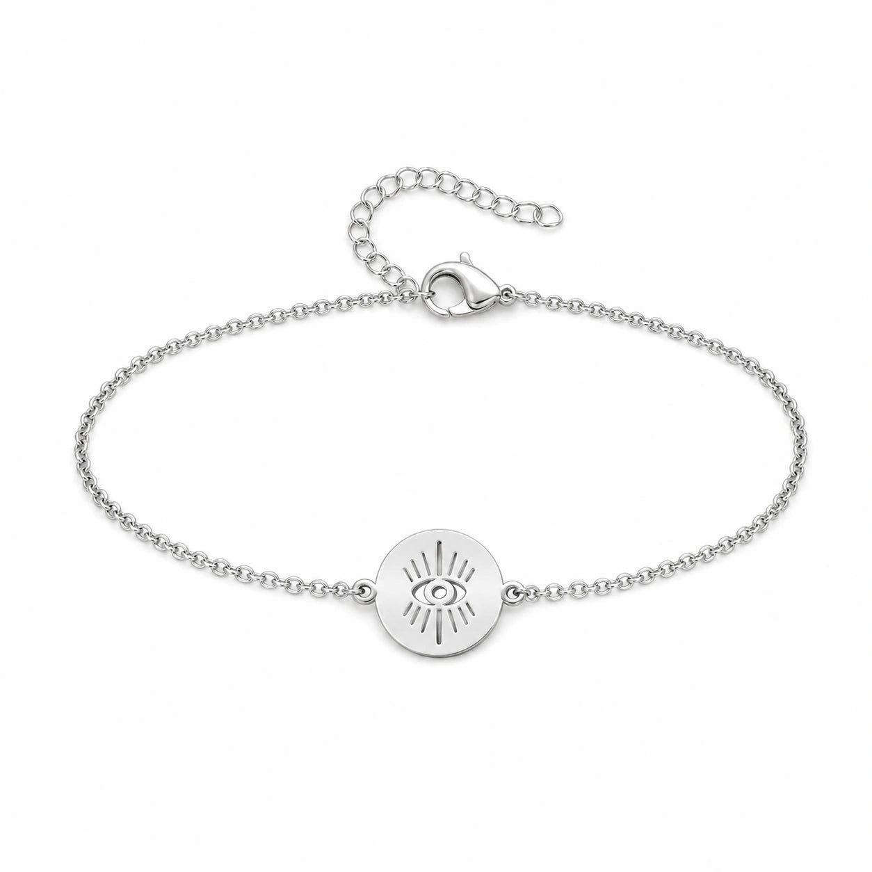 Pulsera con Ojo Turco en Medallón de Acero Inoxidable - Plateado sobre fondo blanco