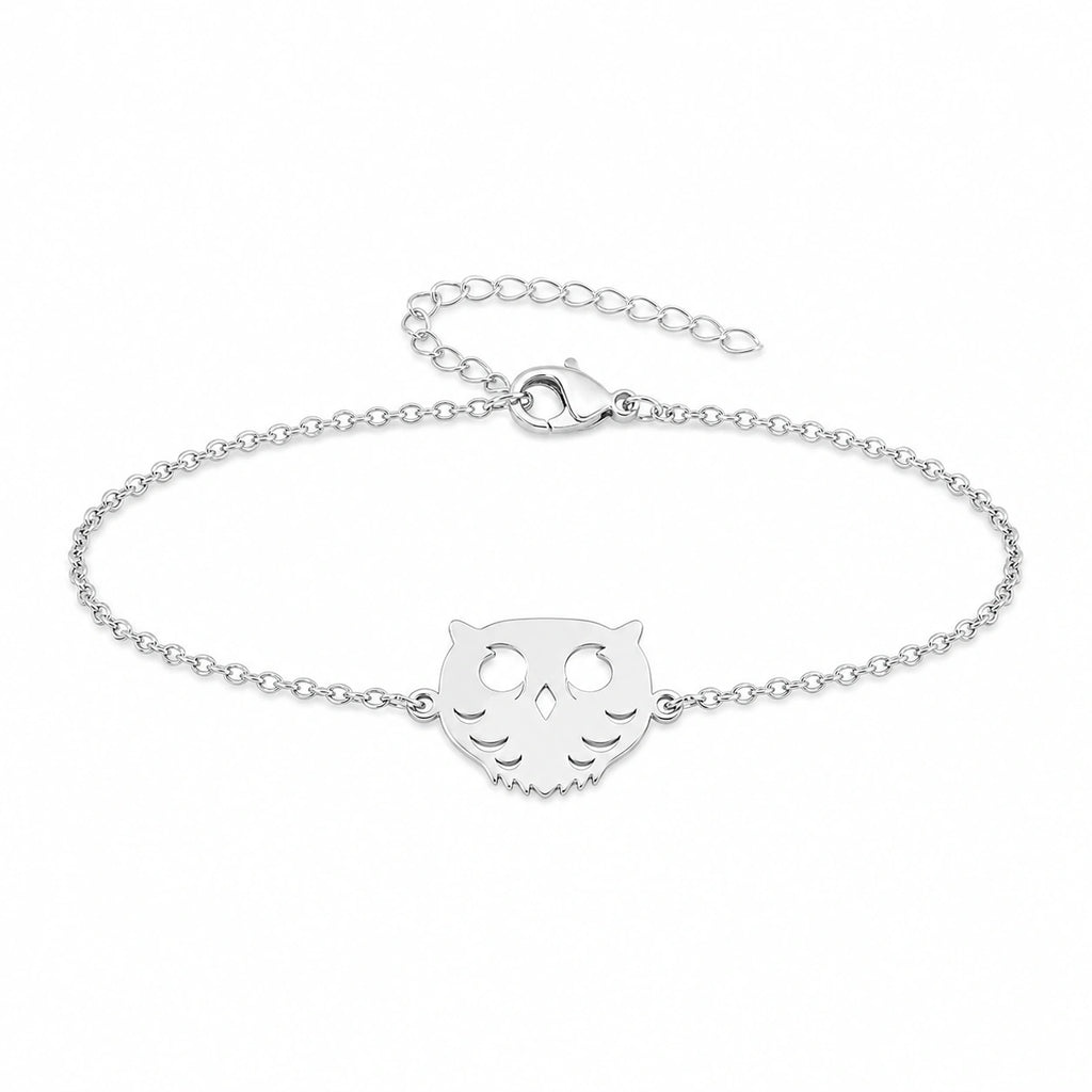Pulsera Búho en Acero Inoxidable - Plateado sobre fondo blanco