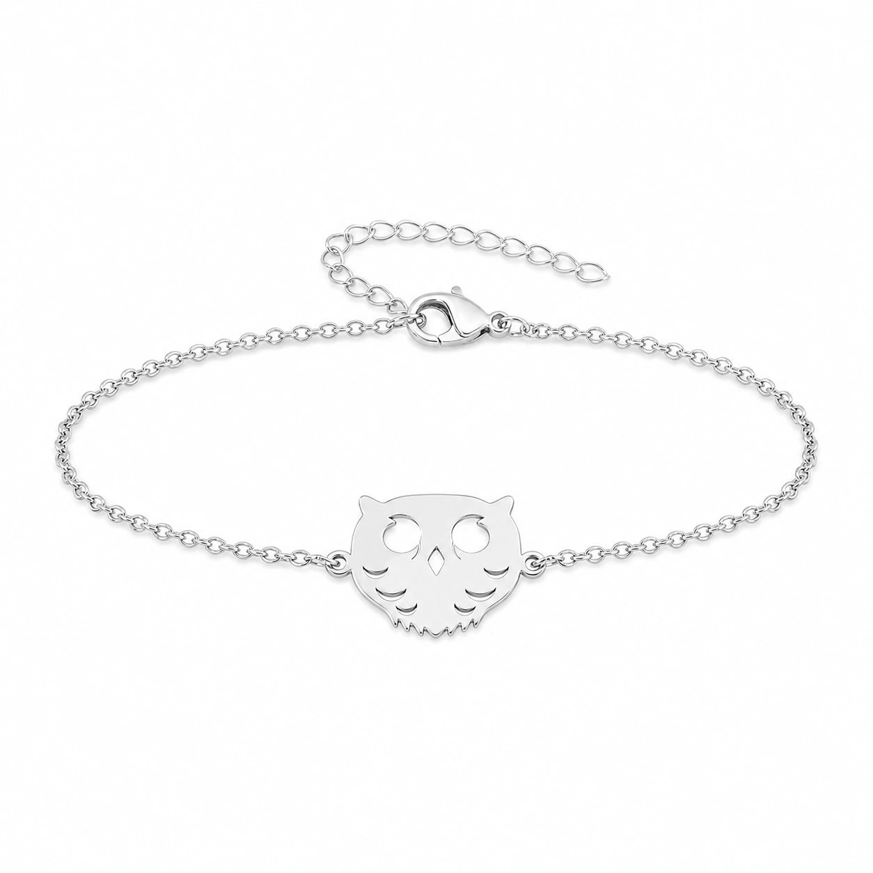 Pulsera Búho en Acero Inoxidable - Plateado sobre fondo blanco