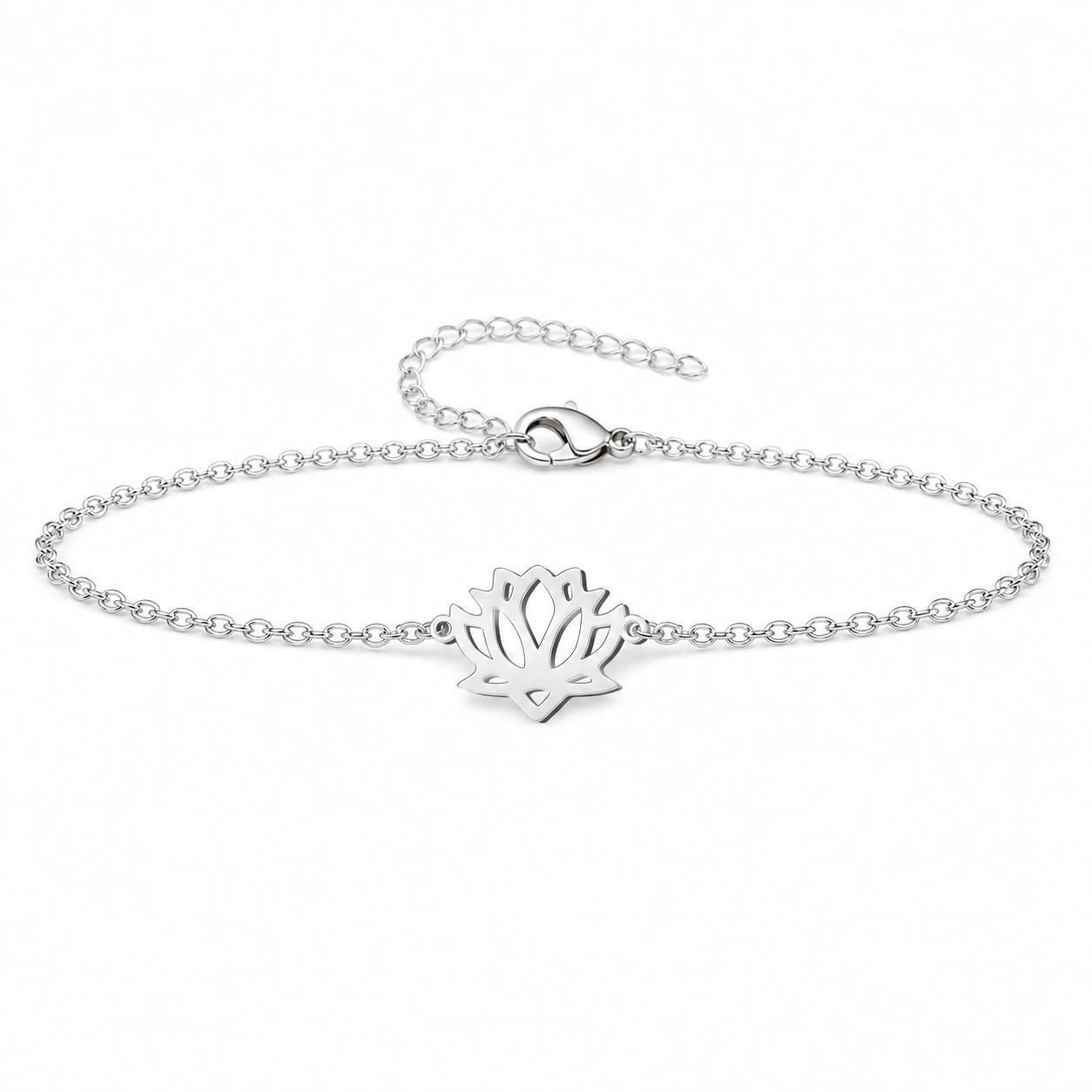 Pulsera Flor de Loto en Acero Inoxidable - Plateado sobre fondo blanco