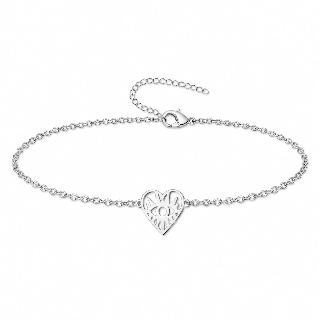 Pulsera con Corazón y Ojo Turco en Acero Inoxidable - Plateado sobre fondo blanco