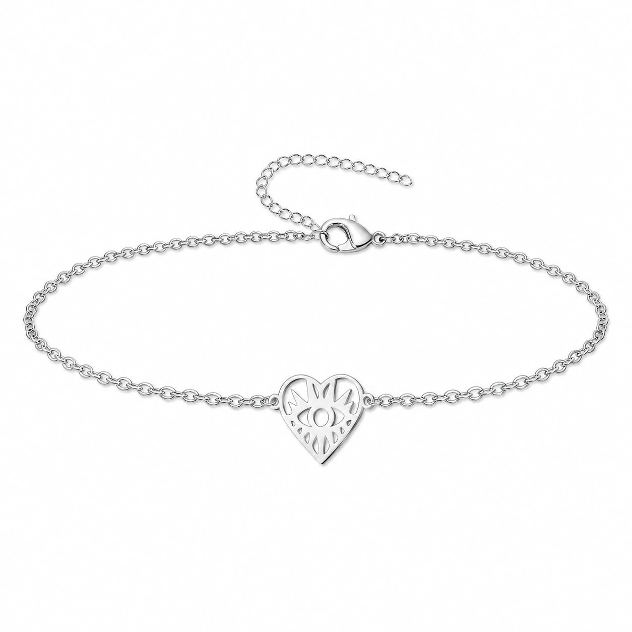 Pulsera con Corazón y Ojo Turco en Acero Inoxidable - Plateado sobre fondo blanco