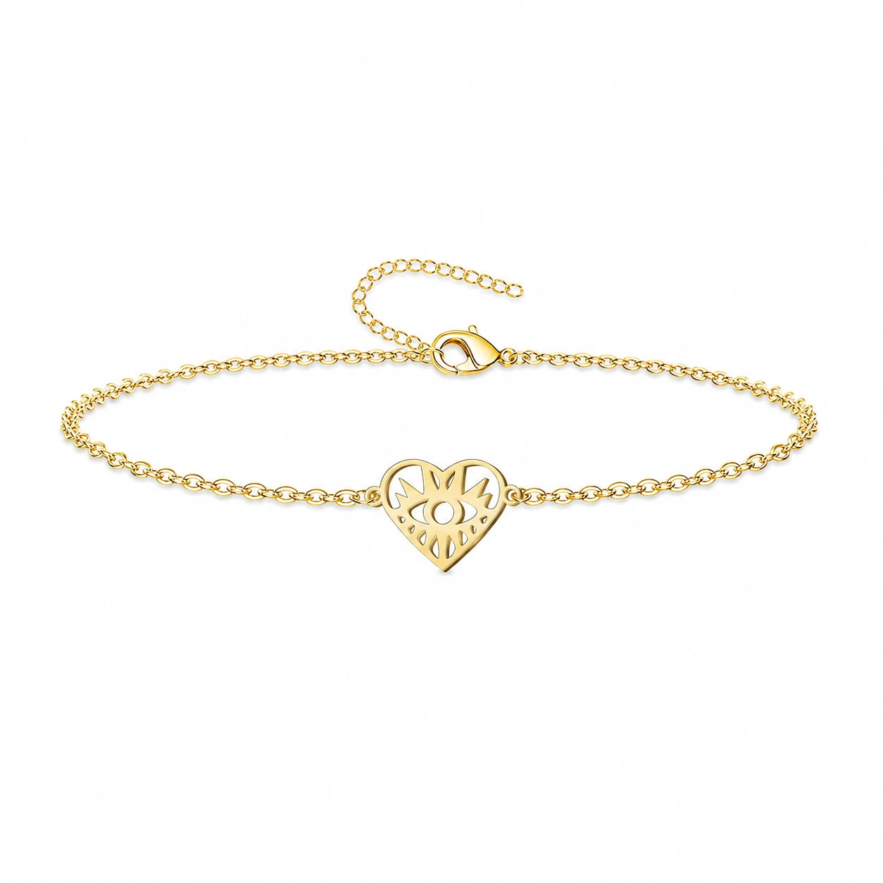 Pulsera con Corazón y Ojo Turco en Acero Inoxidable - Dorado sobre fondo blanco