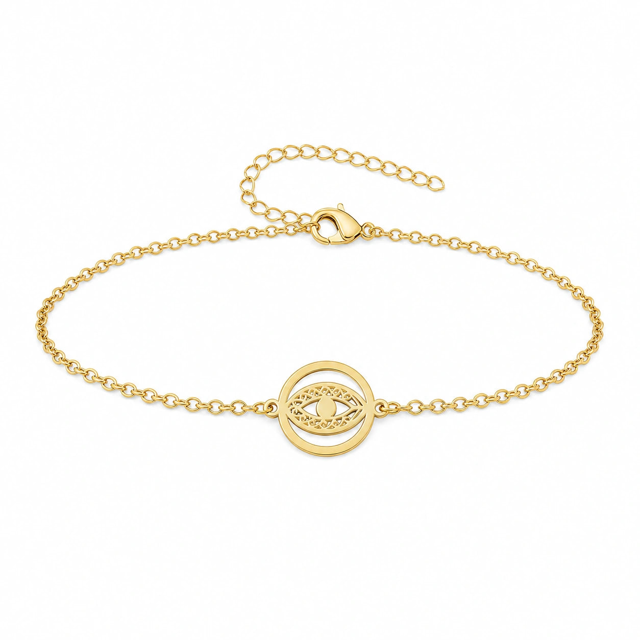 Pulsera Ojo Turco en Medallón de Acero Inoxidable sobre fondo blanco