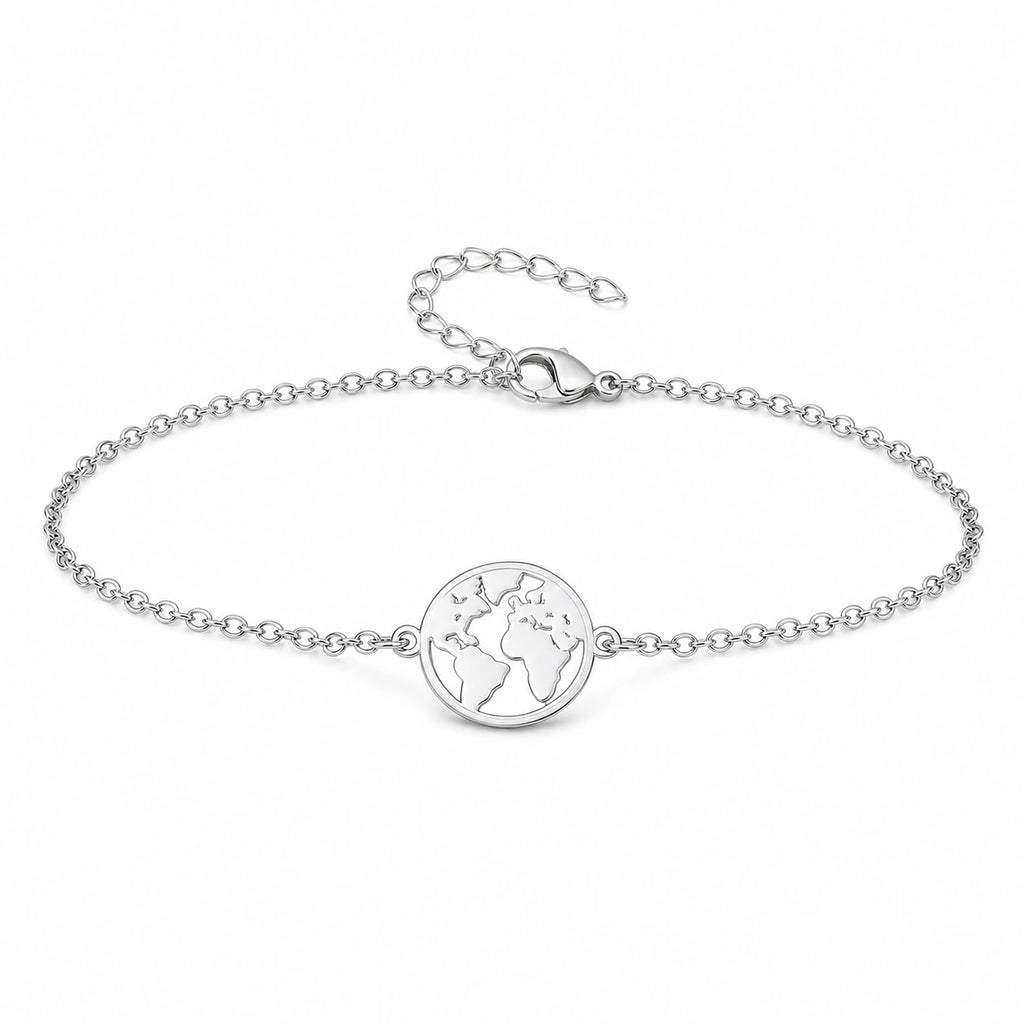 Pulsera Mapa del Mundo en Acero Inoxidable - Plateado sobre fondo blanco