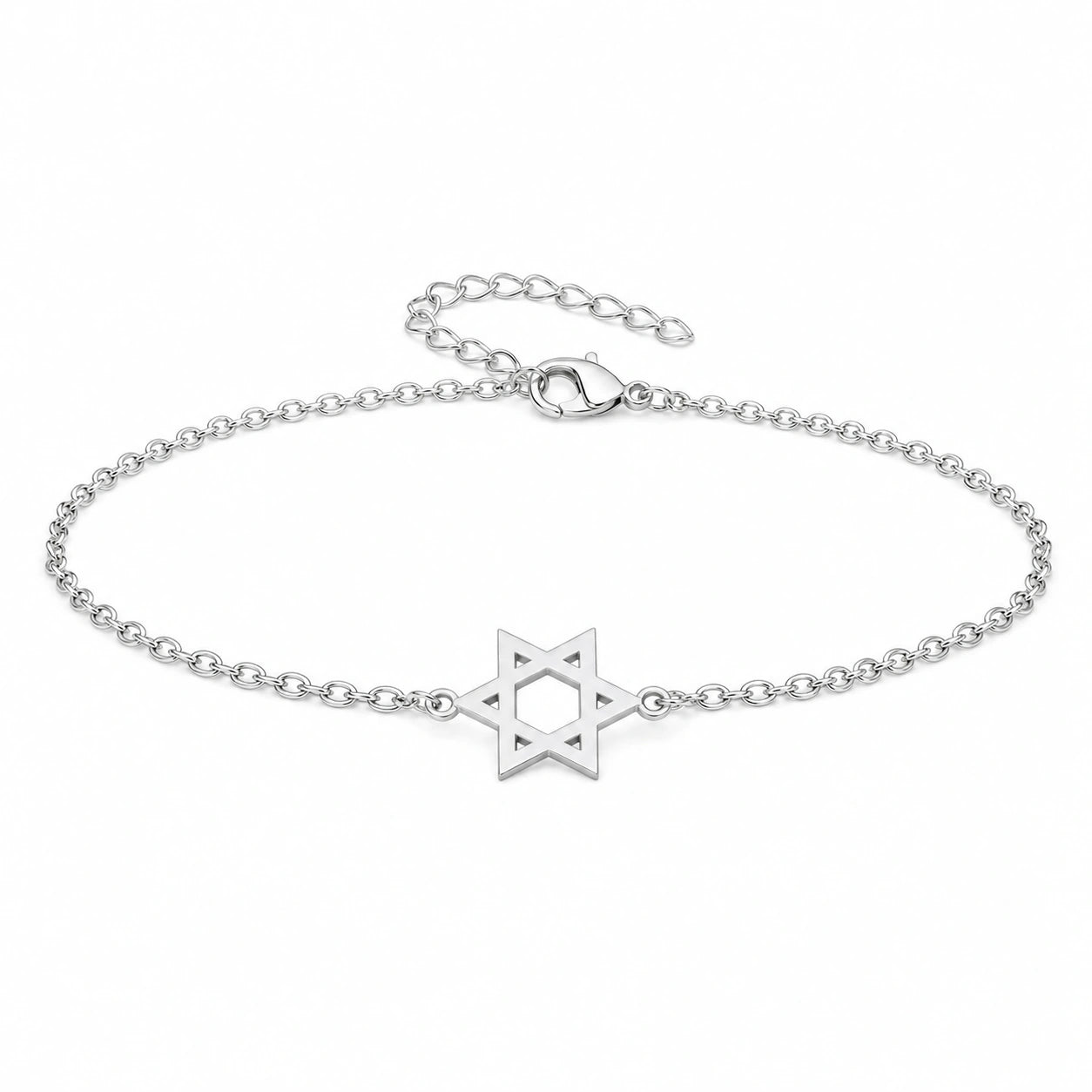 Pulsera Estrella de David en Acero Inoxidable - Plateado sobre fondo blanco