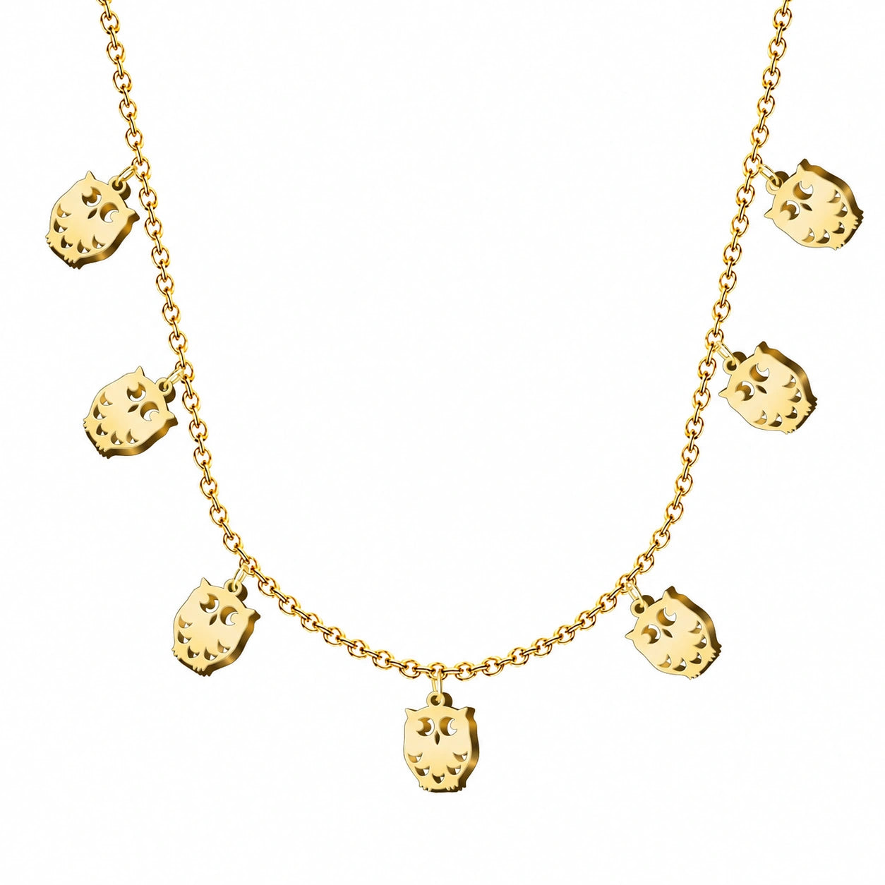 Collar con 7 Colgantes de Búho en Acero Inoxidable - Dorado sobre fondo blanco