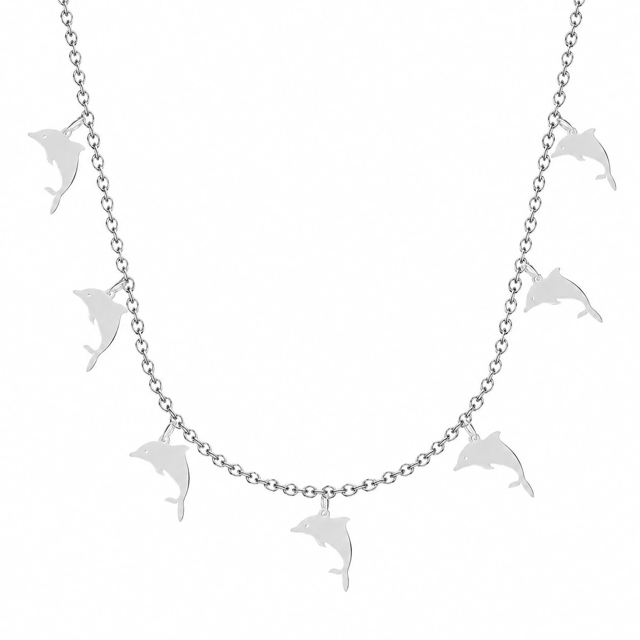 Collar con 7 Colgantes de Delfín en Acero Inoxidable - Plateado sobre fondo blanco