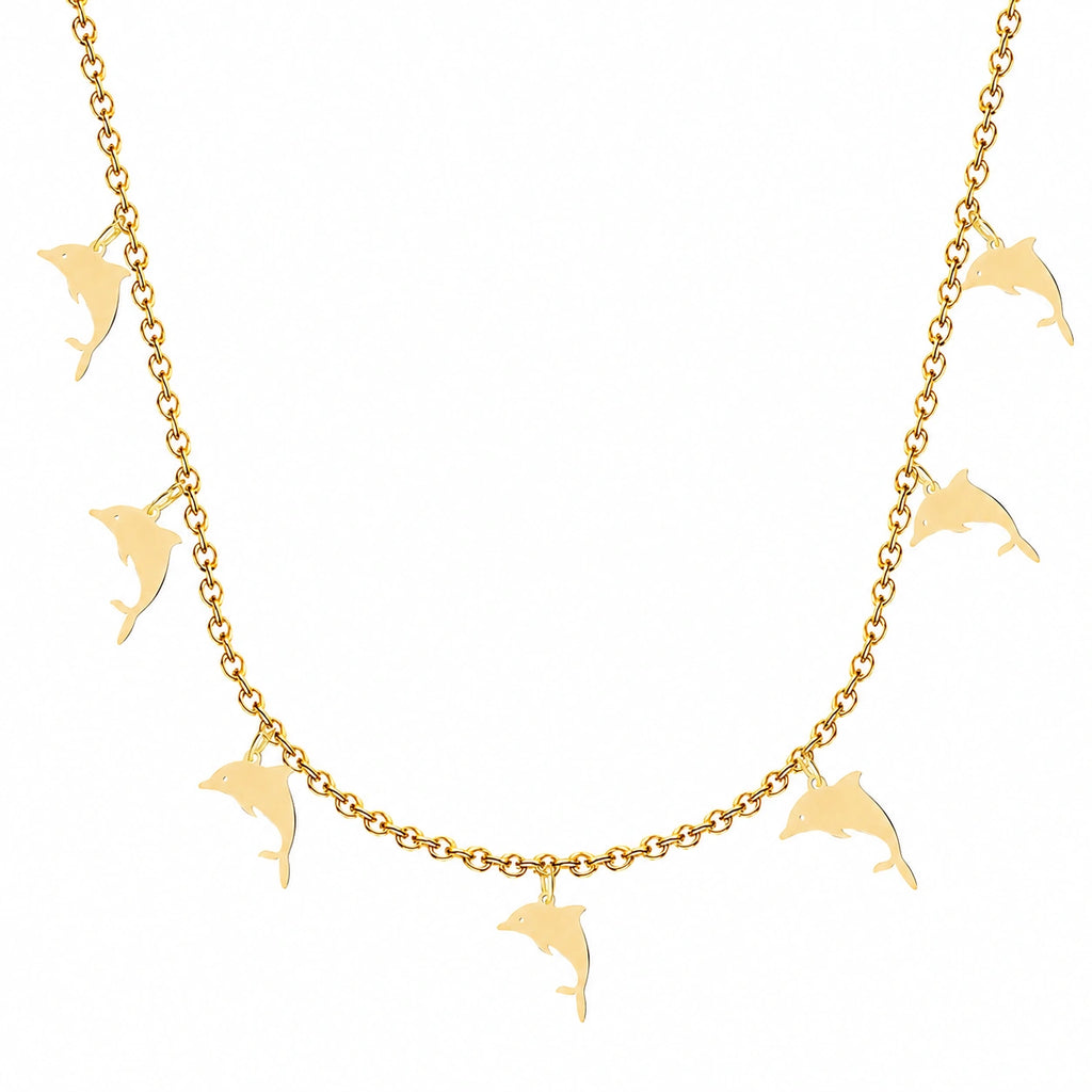 Collar con 7 Colgantes de Delfín en Acero Inoxidable - Dorado sobre fondo blanco
