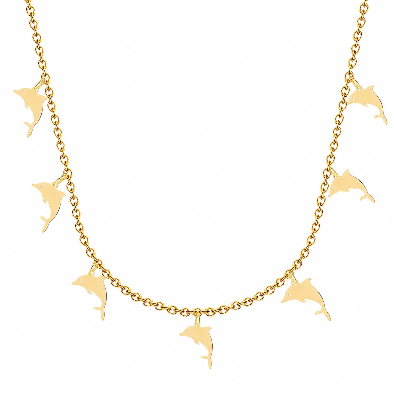 Collar con 7 Colgantes de Delfín en Acero Inoxidable - Dorado sobre fondo blanco