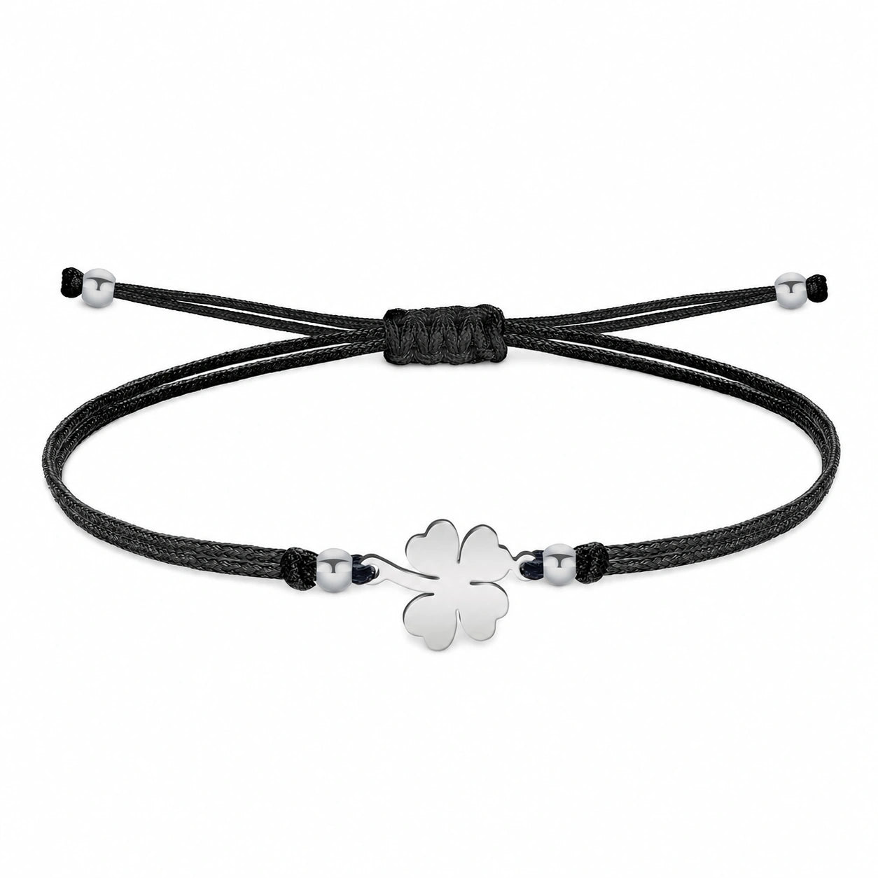 Pulsera de Hilo Encerado con Trébol de Cuatro Hojas - Plateado sobre fondo blanco