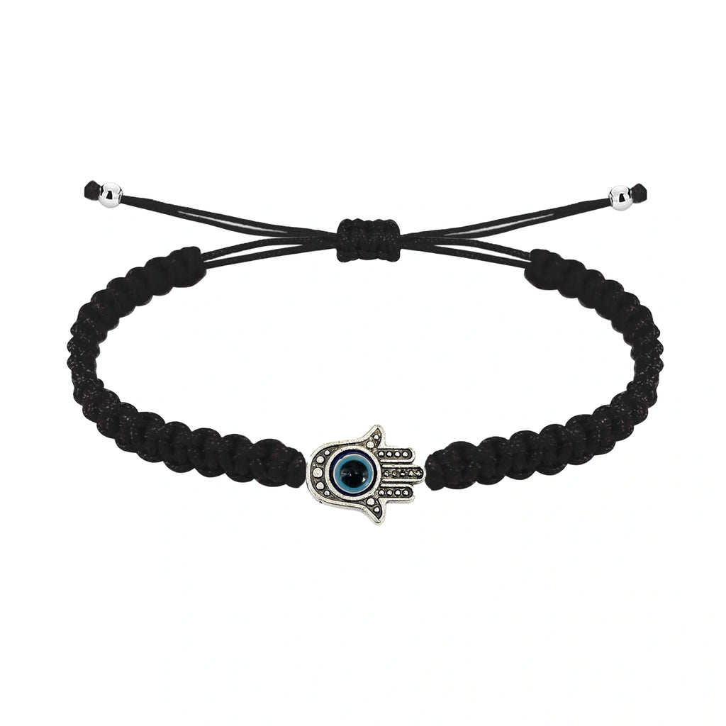 Pulsera de Hilo Trenzado con Mano de Fátima y Ojo Turco sobre fondo blanco