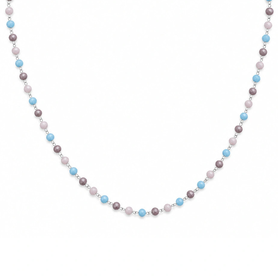 Collar de Cristales en Tonos Pastel en Acero Inoxidable - Plateado sobre fondo blanco