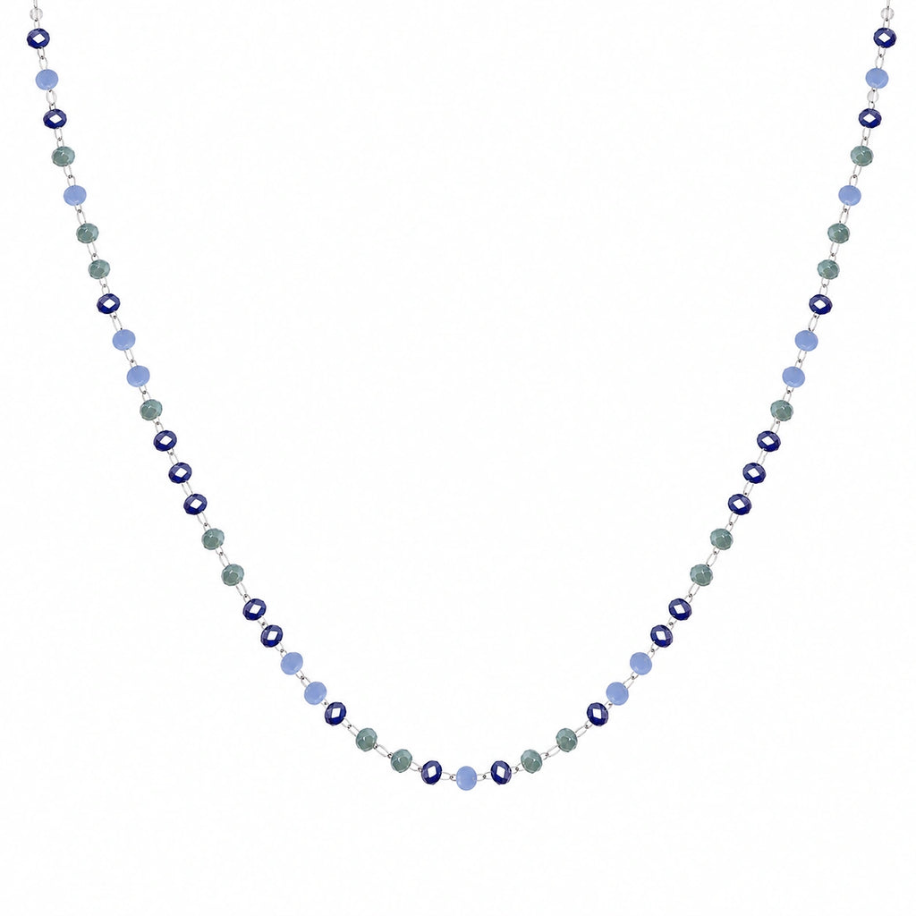 Collar de Cristales Azul Marino, Verde y Blanco en Acero Inoxidable - Plateado sobre fondo blanco