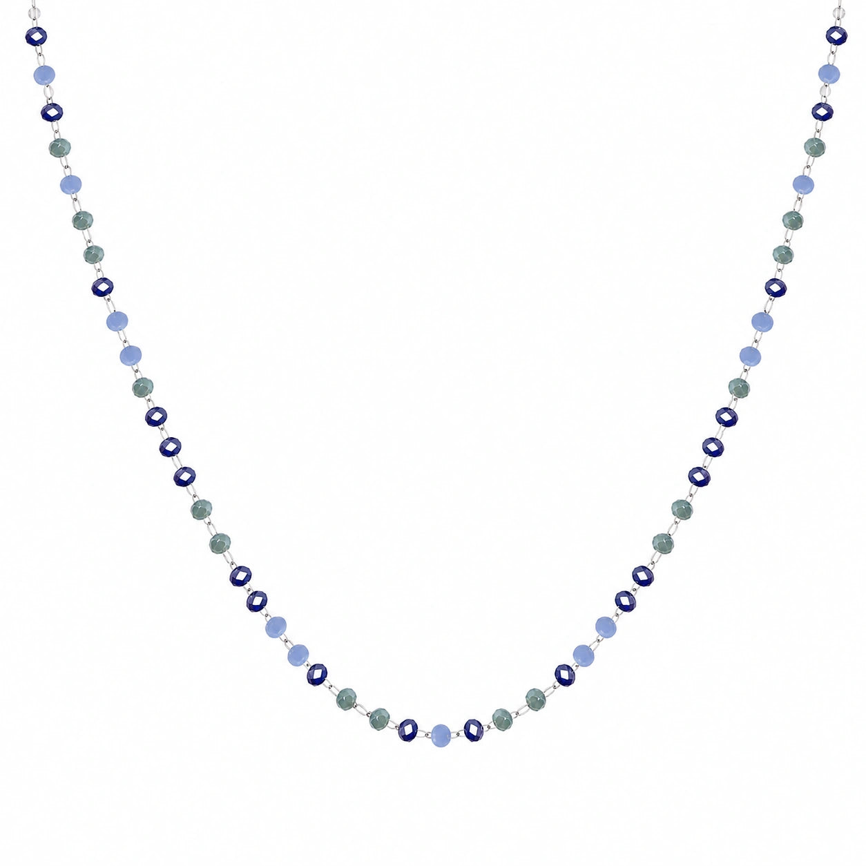 Collar de Cristales Azul Marino, Verde y Blanco en Acero Inoxidable - Plateado sobre fondo blanco