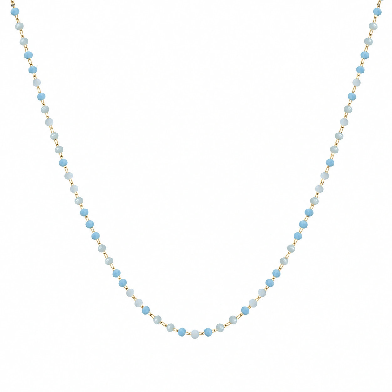 Collar de Cristales Azul Claro y Blanco en Acero Inoxidable - Dorado sobre fondo blanco