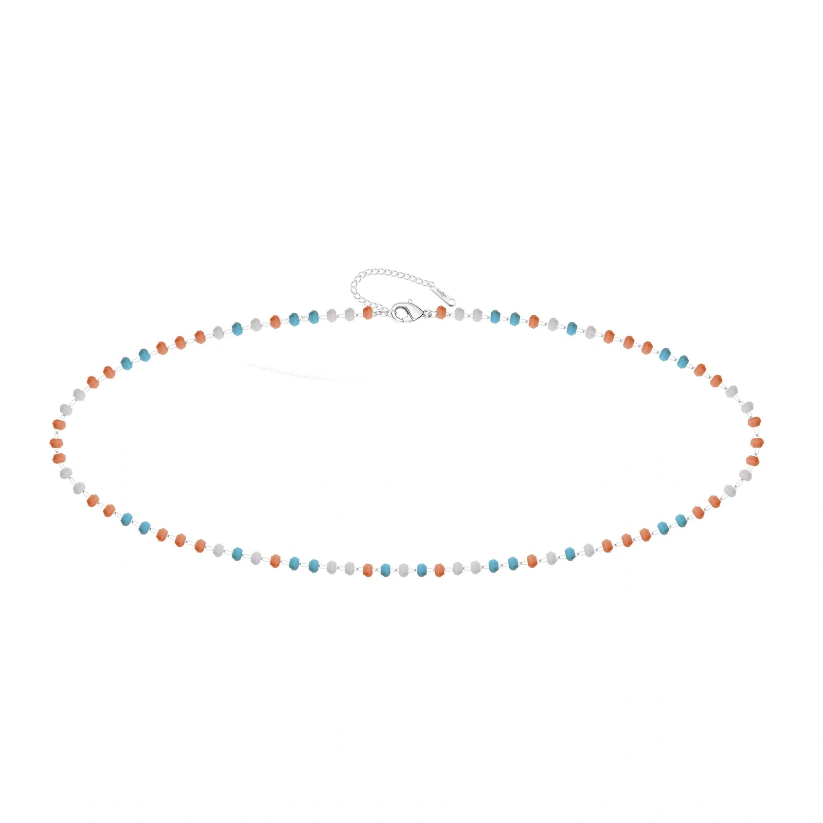 Pulsera de Cristales Turquesa, Coral y Blanco en Acero Inoxidable - Plateado sobre fondo blanco