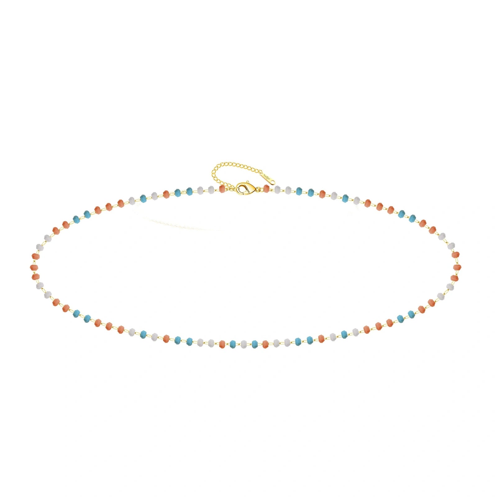 Pulsera de Cristales Turquesa, Coral y Blanco en Acero Inoxidable - Dorado sobre fondo blanco