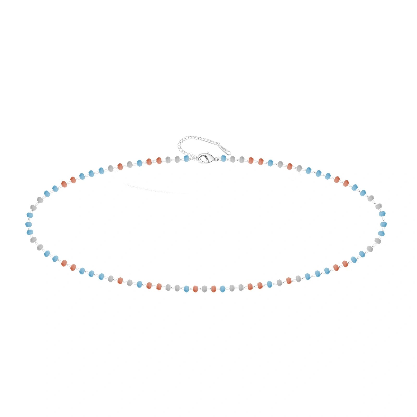 Pulsera de Cristales Azul Claro y Coral en Acero Inoxidable sobre fondo blanco