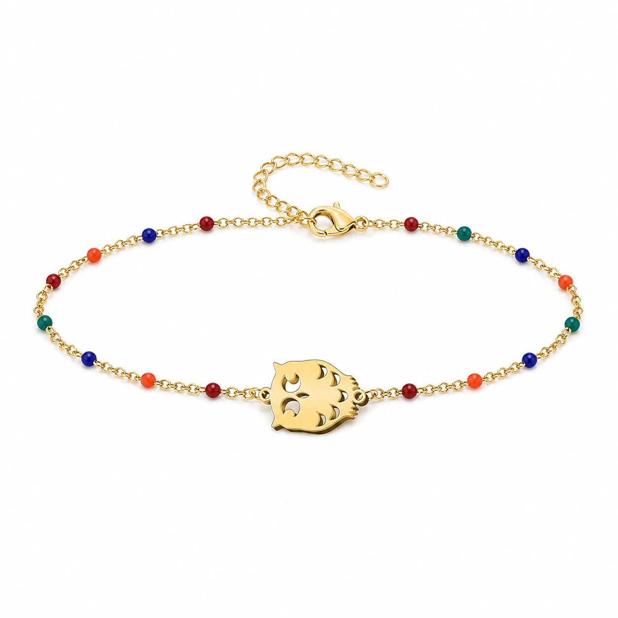 Pulsera Multicolor con Búho en Acero Inoxidable sobre fondo blanco