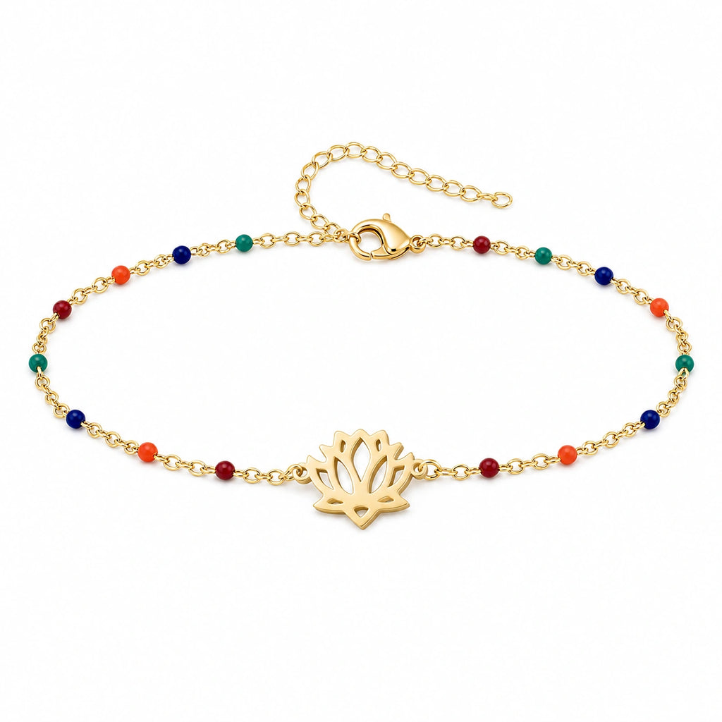 Pulsera Multicolor con Flor de Loto en Acero Inoxidable sobre fondo blanco