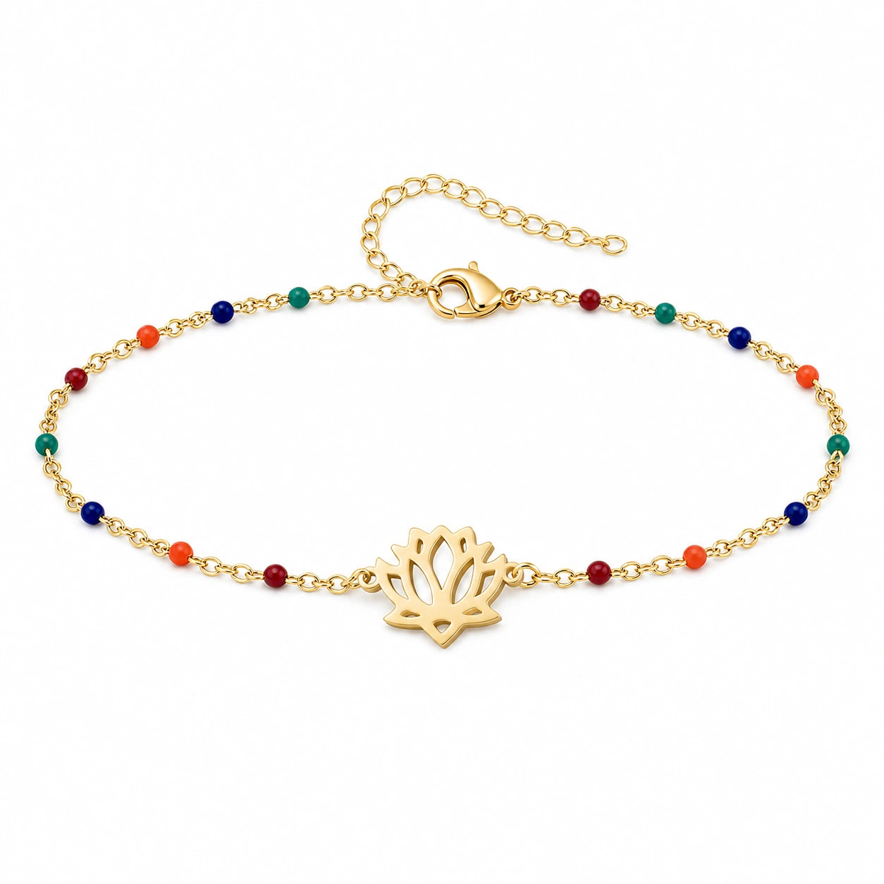 Pulsera Multicolor con Flor de Loto en Acero Inoxidable sobre fondo blanco