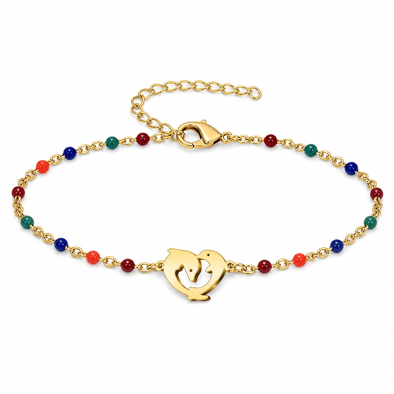Pulsera Multicolor con Delfín en Acero Inoxidable sobre fondo blanco