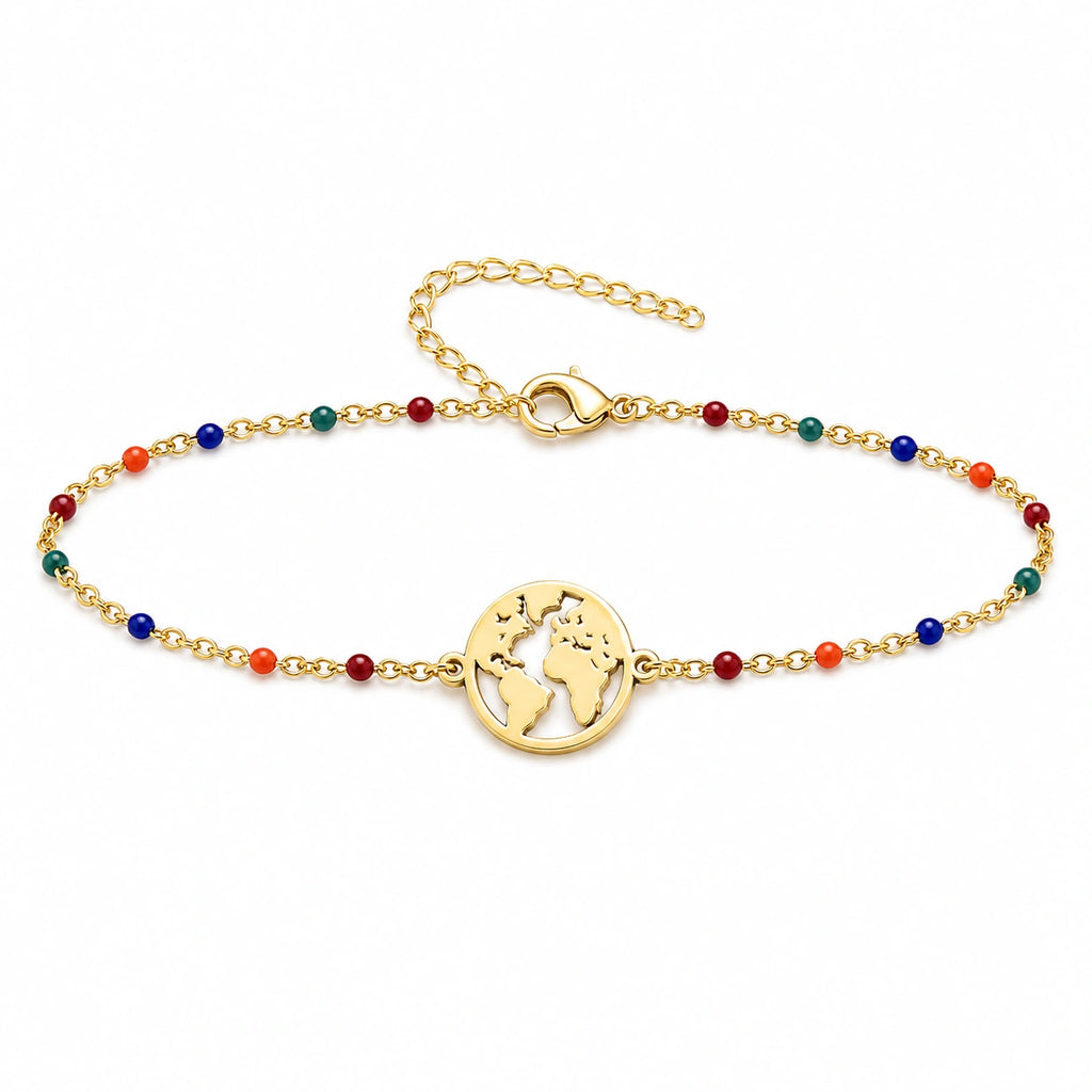 Pulsera Multicolor con Mapa del Mundo en Acero Inoxidable sobre fondo blanco