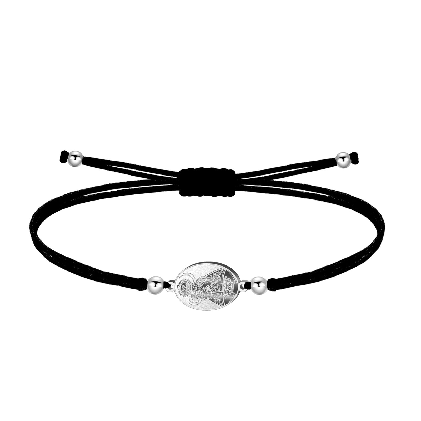 Pulsera de Hilo Encerado con Virgen de Covadonga en Acero Inoxidable sobre fondo blanco