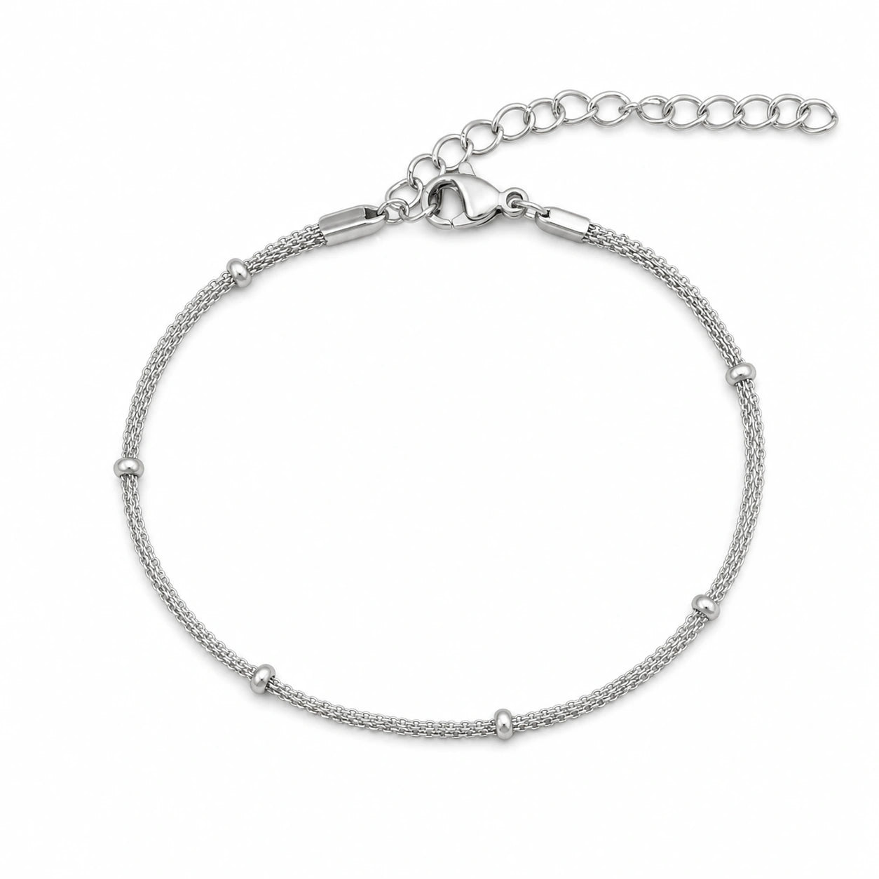 Pulsera de Cadena con Bolitas en Acero Inoxidable - Plateado sobre fondo blanco