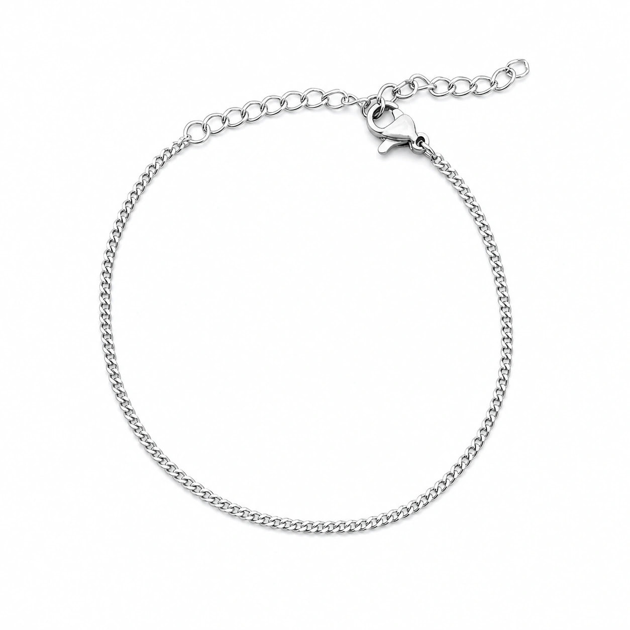 Pulsera de Cadena Eslabón Fino de 1 mm en Acero Inoxidable - Plateado sobre fondo blanco