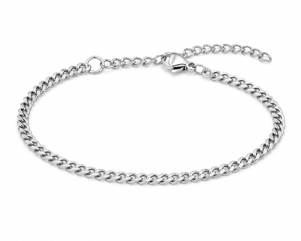 Pulsera de Cadena Barbada de 3 mm en Acero Inoxidable - Plateado sobre fondo blanco